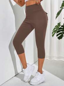 SHEIN Essnce Quần legging cạp rộng màu trơn có túi gấp dài 3/4 cho nữ - Màu nâu  Mocha - Xem 3