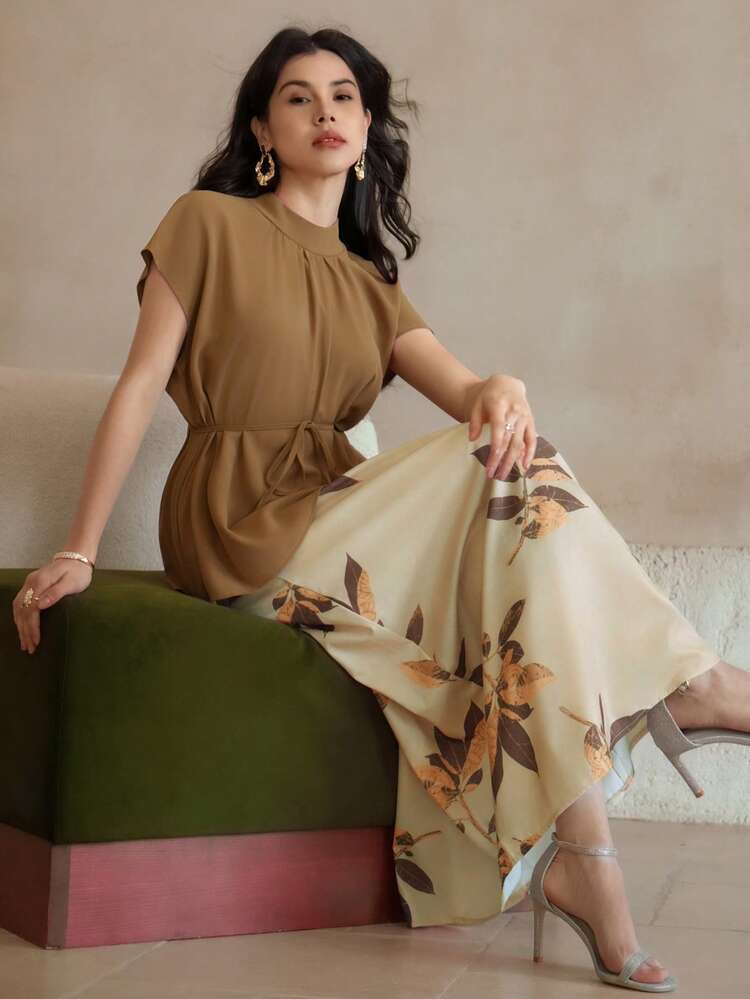 Women 2pcs/Set Solid Color Batwing Sleeve Blouse And Floral Print Skirt