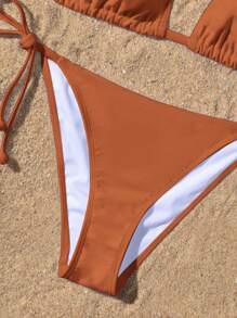 Swim Vcay Women's Solid Color Halter Neck Bikini Set, Suitable For Summer Vacation And Beach - Rust Brown - View 4
