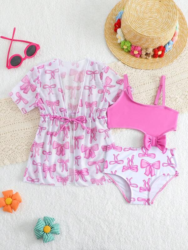 SHEIN 2pcs Baby Girl Swimwear Set - Cute Strawberry Print One-Piece Swimsuit With Bow Decor And Sunscreen Cover Up