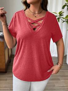 EMERY ROSE Plus Size Women's Knit Criss-Cross Neck Short Sleeve T-Shirt, Summer - Baby Pink - View 5