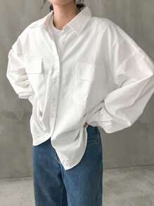 FRIFUL Women's Solid Color Basic Regular Collar Lantern Sleeve Blouse, Spring/Summer - White - View 2