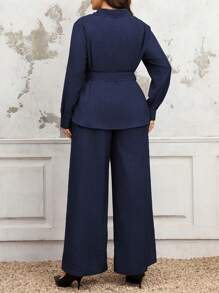 Vionelle 女士优雅休闲办公/度假纯色长袖衬衫，V 领，口袋，金属扣收腰和阔腿松紧腰裤，适合春秋冬季 - 藏蓝色 - 查看 2