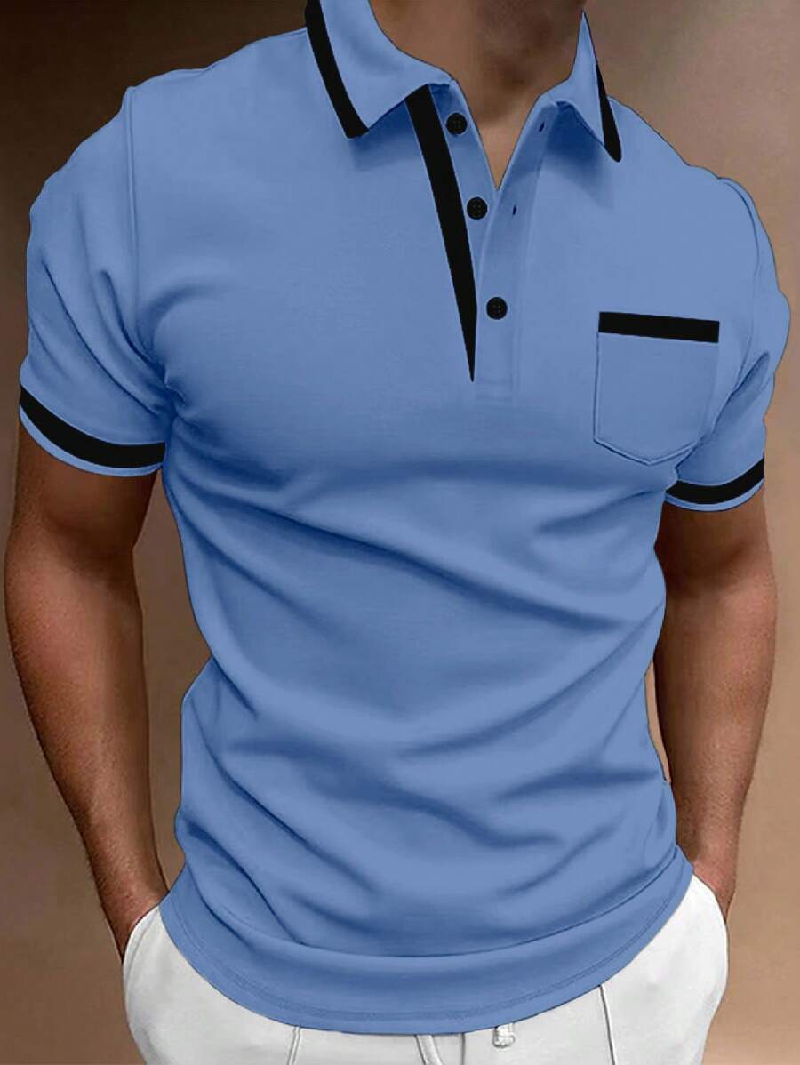 Calvornis Men's Simple Fashion Short Sleeve Tipping Polo Shirt, Suitable For Summer Polo T Shirt Men Polo Shirt For Men Polo Shirts For Men Collar Shirts For Men Men Polo Shirts - Dusty Blue - View 1