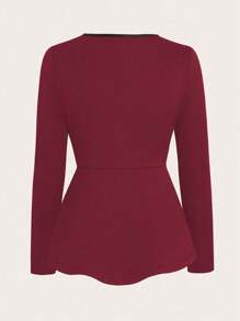SHEIN Clasi Women Round Neck Ruffled Hem Zipper Jacket Coat - Burgundy - View 2
