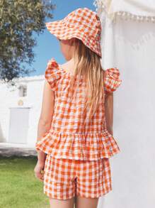 SHEIN Young Girls' Casual Holiday Plaid Elegant Ruffle Sleeve Top + Plaid Shorts + Bucket Hat 3Pcs Set, Spring/Summer - Yellow - View 4