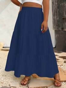 EMERY ROSE Plus Size Casual Solid Color Skirt Maxi Skirt - Navy Blue - View 3