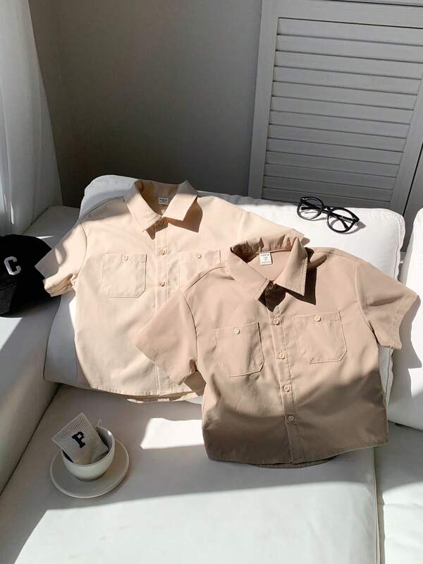 SHEIN 2 Pcs All-Match Solid Color Casual Comfortable Versatile Khaki And Beige Shirts Set, Suitable For Young Boys, Spring/Summer, Collegiate Style