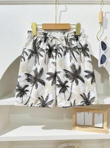 SHEIN Palm Tree Printed Swim Trunks For Teenage Boys, Comfortable And Casual For Swimming Pool And Beach