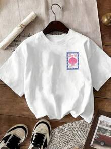 SHEIN LUNE Plus Summer Beach With Ocean Shell Stamp Pattern, Women's Casual Round Neck Short Sleeve T-Shirt - White - View 3