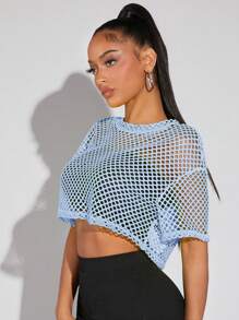 SHEIN SXY Damen Mesh einfarbig Kurzarm Rundhals Modische Oberteile, geeignet für den Sommer