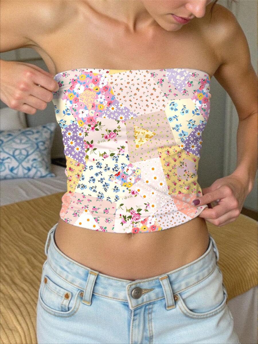 INAWLY Áo crop top in hoa toàn thân cho nữ, áo ống cho mùa hè, kỳ nghỉ - Nhiều màu - Xem 1