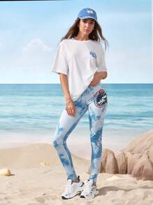 Shark Week X SHEIN Women Tie Dye & Letter Print Elastic Waist Skinny Leggings - Blue - View 6