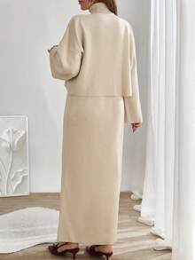 EURMUSE Ensemble deux pièces pour femmes avec robe pull sans manches à col montant et cardigan en maille, ensemble deux pièces beige, ensemble deux pièces crème, ensemble pull deux pièces pour femmes, ensemble coordonné, vêtements d'hiver - Beige - Voir 2