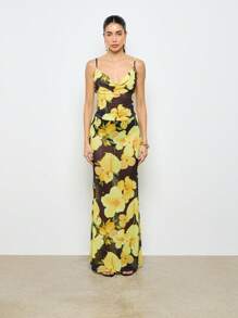 AiiRZ 热带柑橘花卉印花网眼吊带背心夏季海滩度假装围脖领无袖衬里背心度假俱乐部派对上衣 - 黑色 - 查看 3