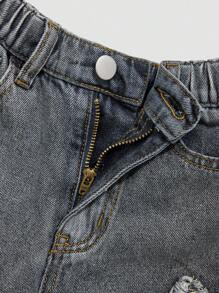 WIDE LEG JEANS WITH STARS-Light Grey,Young Kids Wide Leg Jeans With Elastic Waistband And Front Snap Button Closure. Front Pockets And Back Patch Pockets. Frayed Star Patches. - Light Grey - View 5