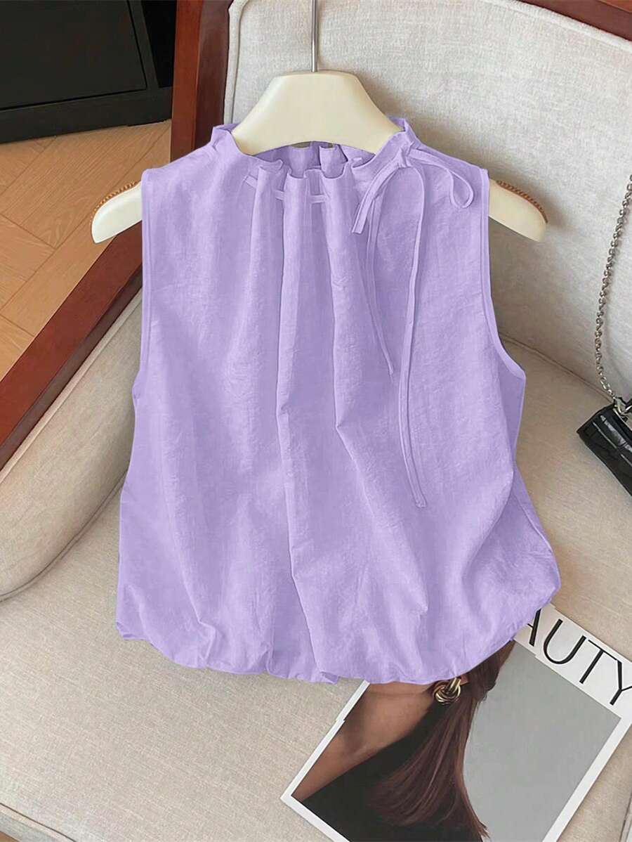 Franclia Elegant Sleeveless Elastic Waist Loose Neck Drawstring Textured Woven White Blouse, Women, Spring/Summer - Mauve Purple - View 1