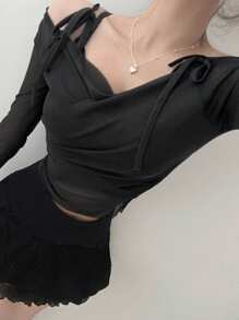 DAZY 女士纯色网眼褶皱短款长袖 T 恤 - 黑色 - 查看 3