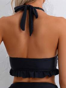 Swim Basics Women's Black Spaghetti Strap Top With Ruffle Hem, Side Drawstring Triangle Bottom Bikini Set For Summer Beach Vacation - Black - View 5