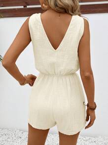 SHEIN Frenchy 女士纹理纽扣装饰松紧腰带夏季简约休闲连体裤短裤女式连体裤短裤女式亚麻连体裤舒适连体裤 - 米色 - 查看 6