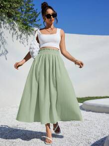 Siren Gaze Quần áo mùa hè cho phụ nữ thường ngày váy midi vải lanh chữ A cho mùa hè phù hợp với bãi biển cạp cao rộng thùng thình - Màu xanh Bạc hà - Xem 5