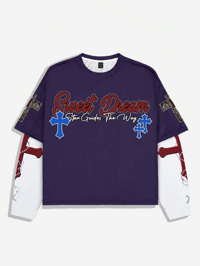 Street Life Camiseta de manga larga con estampado vintage, parches y colores contrastantes para hombre, 2 en 1
