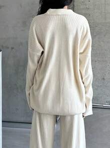 INAWLY Women Simple Solid Color Loose Drop Shoulder Front Button Cardigan - White - View 2