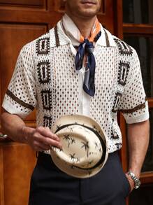 Manfinity CityGents Men's Geometric Pattern Hollow Out Short Sleeve Single-Breasted Knit Top - Multicolor - View 6