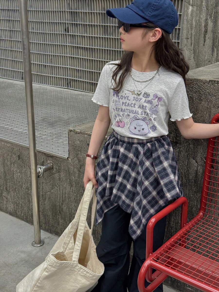 DAZY 3 件套青少年女孩服装：圆领印花短袖 T 恤 + 格子裙 + 裤子，适合春夏季，加大码，返校服装