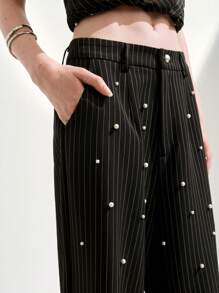 Arave Pantaloni a gamba larga da donna, di colore unito con decorazioni in finta perla, di moda per l'estate, set da 2 pezzi, pantaloni, casual business per donna