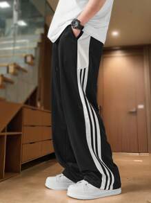 Claim Dot Men's Fashion Casual Contrast Color Patchwork Drawstring Waist Sweatpants - Black - View 1