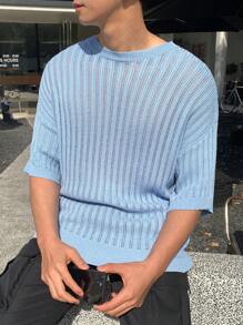 Manfinity CasualKnits Men's Solid Color Knitted Crew Neck Short Sleeve Top, Fashionable For Summer - Blue - View 4