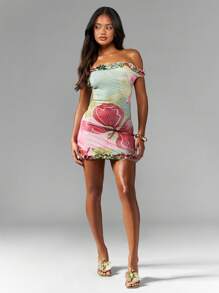 MISSGUIDED Off Shoulder Floral Mini Dress With Ruffle Trim Summer Beach Party Hawaiian Tropical Print Bodycon Short Dress Fresh Spring Vacation Style Summer Dresses For Women - Multicolor - View 3