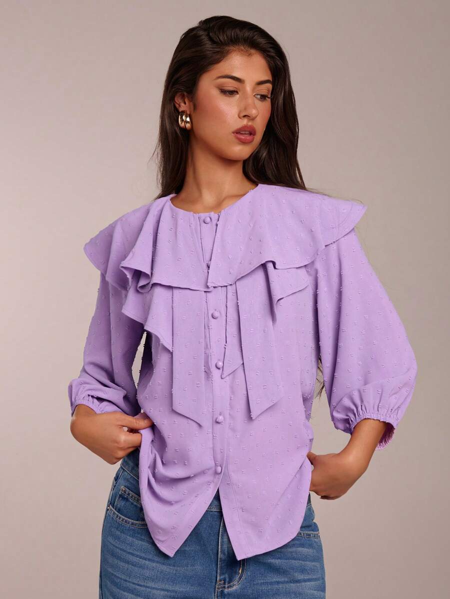 Forever 21 Casual Office Ladies Floral Cutout Purple Polka Dot Ruffle Sleeve Blouse, Spring - Purple - View 1