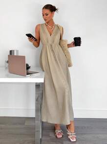 Siren Gaze 新款夏季女式纯色深 V 领 A 字型无袖连衣裙、女士休闲夏装、亚麻沙滩裙、波西米亚长裙