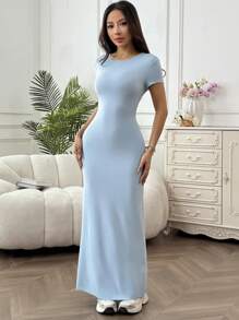 SHEIN EZwear Đầm dài ôm vừa vặn màu trơn đơn giản cho nữ - Màu xanh lam - Xem 4