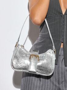SHEIN BAE Women's Adjustable Buckle Faux Crocodile Skin Pattern Shoulder Bag - Silver - View 3