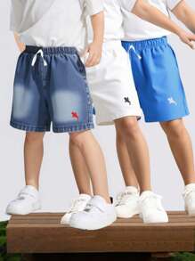 3 Piece Set: 1 Denim Shorts And 2 Casual Shorts For Young Boys, Embroidered Accents, Suitable For Daily Wear, School, Outdoor Activities In Spring/Summer - Multicolor - View 1