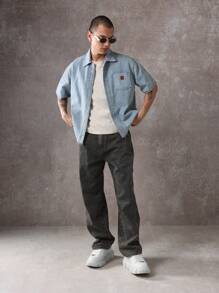 SUMWON Raw Edge Boxy Denim Shirt Oversized Button Down Short Sleeve Casual Summer Streetwear Classic Western Light Weight Spring Festival Outdoor Urban - Blue - View 4