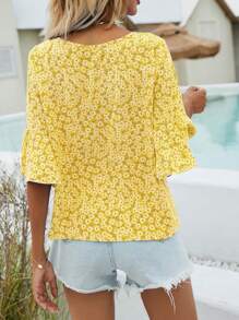 Breezaya 夏季 V 领碎花宽松衬衫 - 黃色 - 查看 2