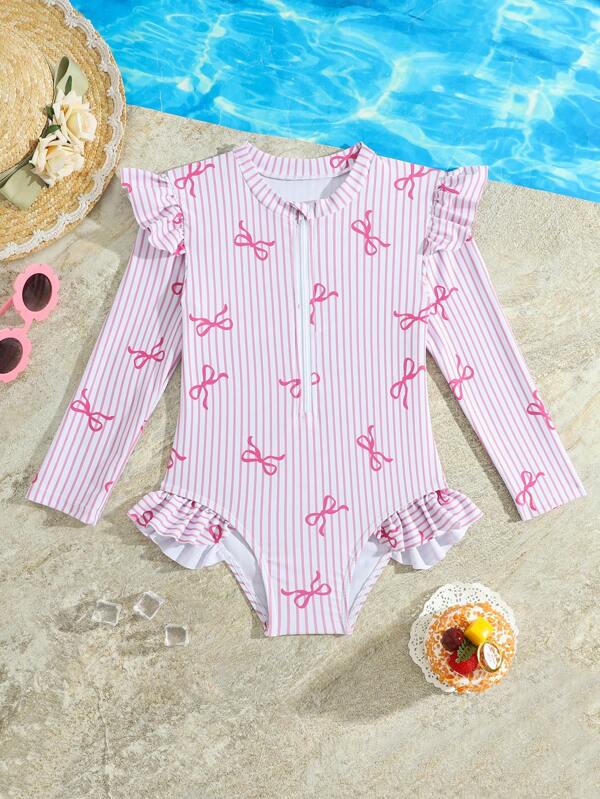 Wildeya Girls' Sweet Ruffled One-Piece Swimsuit With Bow Pattern, Pink Striped, Ideal For Summer Beach Vacations Toddler Girl Bathing Suits Toddler Clothes 4t Toddler Girl Clothes 6t Toddler Girls Outfit Sets Toddler Girl 5t