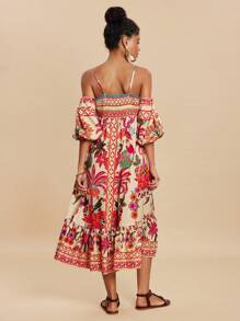 Travachic Women's Palm Tree Print Off Shoulder Fashion Dress For Beach Vacation,Summer Dresses For Women - Orange - View 3