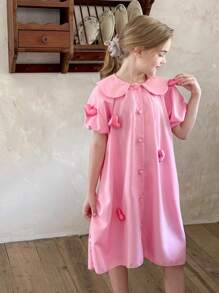 Tween Girl Cute Peter Pan Collar 3D Heart Texture Loose Fit Fashionable Dress - Pink - View 3