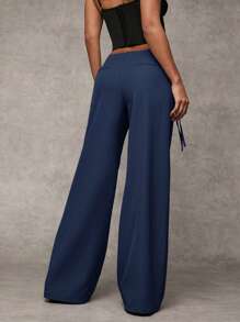 SHEIN BAE Women's Solid Gray Casual, Commuting, Loose Fit Drawstring Waist Wide Leg Relaxed Pants For Daily Wear - Navy Blue - View 2