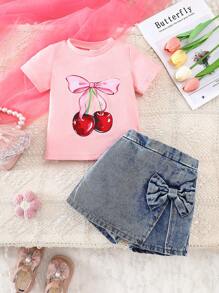 Baby Mädchen 2-teiliges Set, modischer, einfacher und süßer Stil mit rosa Schleife & Jeans-Optik, vielseitiges Sommer-Outfit