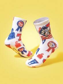 TOM & JERRY X SHEIN 1 Paar Damen Cartoon & Buchstaben Muster weiße modische Crew Socken