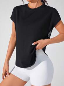 SHEIN Sport Studio See-Through Flocked Mesh Patchwork Short Sleeve Sports T-Shirt