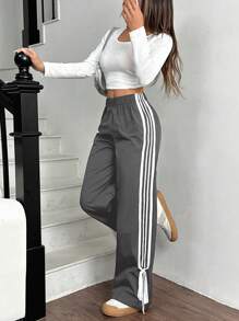 SHEIN EZwear Quần cạp chun màu trắng tương phản đen cho nữ - Màu xám đen - Xem 5