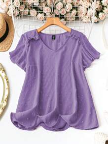 SHEIN Blusa holgada de mujer de talla grande con cuello en V, volantes y mangas cortas en unicolor - Morado - Ver 1