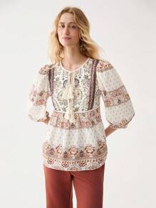 Florisole Women's Bohemian V-Neck Fringe Linen Blend 3/4 Sleeve Printed Blouse, Spring/Summer